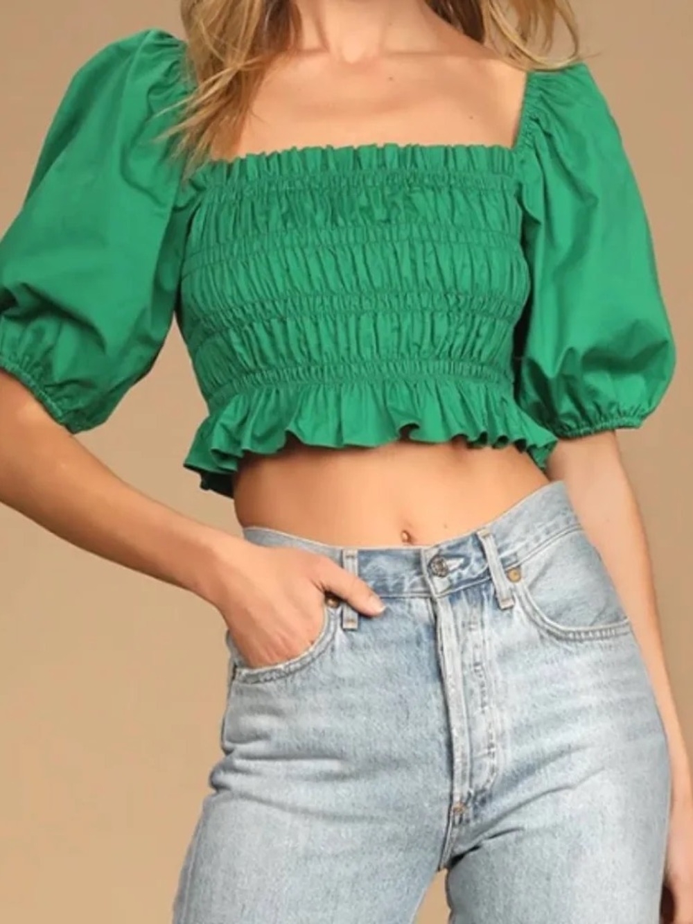 Lulu's Emerald Green Smocked Puff-Sleeve Crop Top